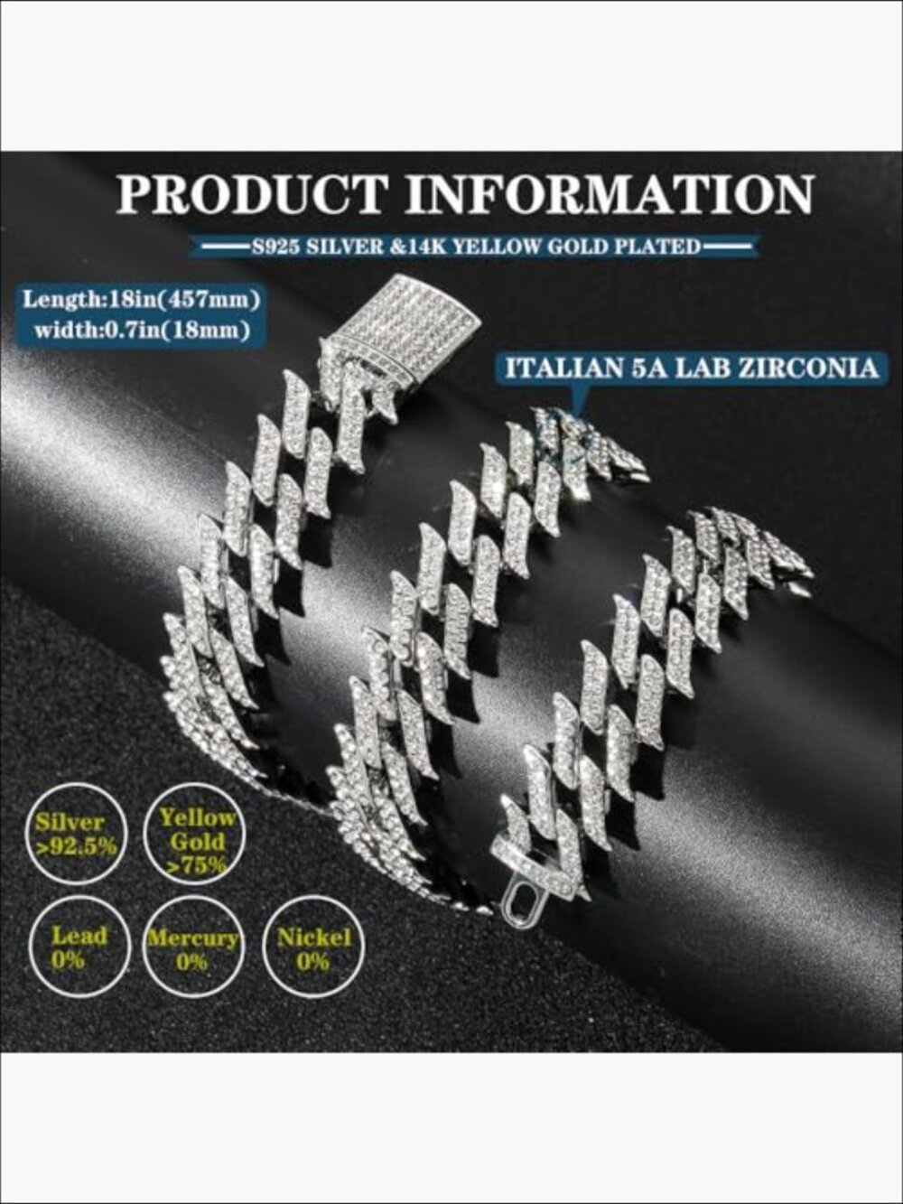 14K Gold Over S925 Thorn Cuban Link Chain Necklace with Italian 5A Zirconia - Picture 3 of 7
